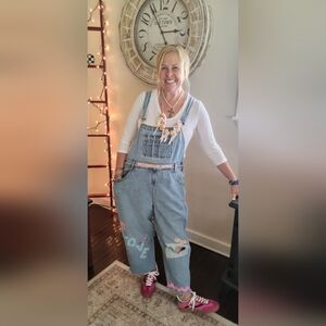 Women's Blue Denim Overalls with Colorful Patches